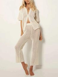 Women's Two Piece Pants Women Crochet Set Casual Hollow Out V Neck Shirt And Wide Leg Outfits Summer 2 Loungewear