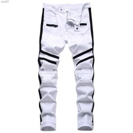 Men's Jeans Punk Jeans Men Zipper Hip Hop Slim Fit White Bike Jeans Elastic Split Denim Pants Cotton Fashion Casual Jogging ClothingL231017