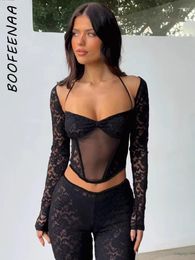 Women's Two Piece Pants BOOFEENAA Sexy Black 2 Sets See Through Lace Mesh Cardigan Corset Top Pant 2023 Fall Outfits For Women C66-FI27