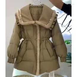 Women's Trench Coats Winter Oversized Wooden Ear Edge Waist Down Cotton Jacket Casual Loose Doll Neck Tie Up A-line Woman