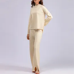 Women's Two Piece Pants Casual Women Knit Pullover Top & Slit Trouser Suit Elastic Waist Pant Set Comfy Solid Colour Homewear Suits