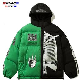 Men's Jackets Mens Winter Parka Jacket Yin Yang Skeleton Print Couple Streetwear Outwear Harajuku Padded Jacket Hooded Loose Warm Coat Unisex 231016