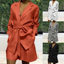 Women's Tracksuits Solid Colour Shorts Casual Suit Set Temperament Lapels Slim Fit Long Sleeve Waist Belt Tops Loose Two Piece