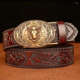 Belts Men's Chinese Zodiac Belt Sheep Head Automatic Buckle For Men Personality Grass Pattern Casual Male Jeans