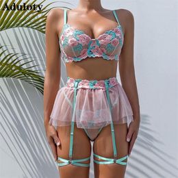 Bras Sets Aduloty Erotic Lingerie Set Exquisite Embroidery Large Flower Perspective Temptation Small Skirt Sexy Women's Under299D