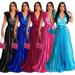 Women Casual Dresses Vintage Flare Short Sleeve Wrap V-neck Pleated Big Swing Maxi Long Dresses 2023 Fashion Party Even Dress Vest306u