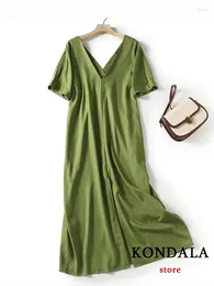 Casual Dresses KONDALA Vintage Solid Green Holiday V Neck Short Sleeve Split Women Long Dress Pleated Fashion 2023 Summer Elegant Loose