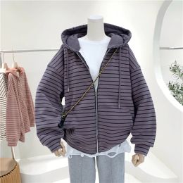 Fall Winter Women's Full Zip Fleece Jackets Large Size Loose Stripe Casual Hoodie Thick Sherpa Lined Hooded