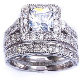 Size5 6 7 8 9 10 Retro Vintage Princess Cut Jewellery 10KT white gold filled GF whitr topaz Women Wedding Bridal Ring set g216L