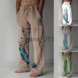 Men's Pants Men's Pants Men Feather Print Pockets Vintage Loose Mid Waist Pant Korean Harem Streetwear Joggers Harajuku Sweatpants Plus Size x1017