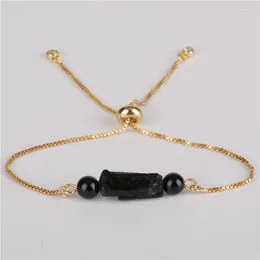 Strand 5pcs/lot Natural Rough Black Tourmaline Mineral Calming Healing Stone & Smooth Onyx Bead Link Adjustable Bracelet Unisex