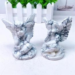 Decorative Figurines Natural Howlite Gemstone Angel Carving 8cm Crystal Reiki Healing Figurine Trinket Craft Gift Home Decoration 1pcs