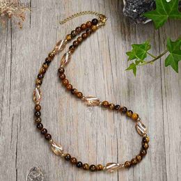 Pendant Necklaces New high-end fashion natural stone beads lava malachite tiger's eye round loose spacing beads jewelry necklaceL231017