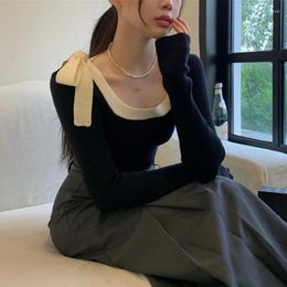 Women's Sweaters Bow U Neck Jersey Sueter Mujer Y2k Clothes Slim Black Sweater Women Jumper Bottom Aesthetics Grunge Tops Knit Shirts