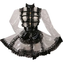 Mascot Sissy Lockable Sexy Pvc Clear Long Sleeve Turtleneck Lace Frills Perspective Maid Dress with Black Apron Uniform Servant CosplayAnime Costumes
