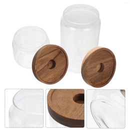 Storage Bottles Tea Coffee Canister Wooden Cover Clear Glass Food Containers Household Jar Box