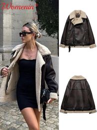 Women's Knits Tees Faux Lamb Fur Thick Leather Jacket For Women Warm Brown Streetwear Female Zipper Moto Biker Quilted Woman 231016