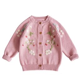 Cardigan Cardigan para meninas jaqueta de malha bordada à mão morango floral outono bebê suéter roupas para crianças casaco infantil 231017