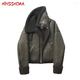 Women's Leather MNCCMOAA 2023 Winter High Quality Women Vintage Thick Warm Faux Jacket Lambswool Coats Female Casual Loose Outwear