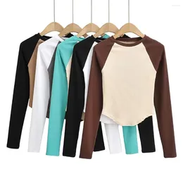 Women's Sweaters American Raglan Sleeve Panel Contrast Bottom Top Autumn Round Neck Slim Fit Short T-shirt