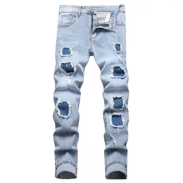 Men's Jeans Skinny Denim Trousers Ripped Designer Light Blue Pants Streetwear Slim Torn For Men