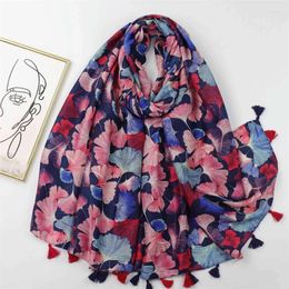 Scarves Cotton Viscose Scarf Vintage Ginkgo Floral Tassel Shawls And Wraps Autumn Echarpe Pashmina Bufandas Muslim Sjaal