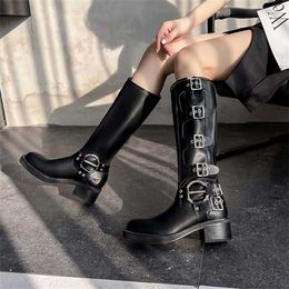Fashion Mid Calf Long Boots Women Spring/autumn Metal Decoration Round Head Thick Sole Motorcycle Punk 230922