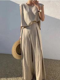 Women's Two Piece Pants 2023 Summer Cotton Pyjamas Set Sleeveless O-Neck Tank Top Wide Leg Sets Women Home Suit Oversize Outfits