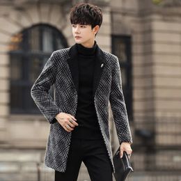 Men's Wool Blends MidLength Plaid Woollen Coats 2023 Autumn Winter Casual Long Jackets Outwear Cotton Thick Windbreaker Loose Overcoat 231017
