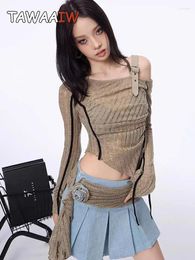 Women's T Shirts Tawaaiw Grunge Aesthetics Irregular One Shoulder Knitted Tops Design Crop Top Shirt Women Autumn Korean Fashion Tees Y2k