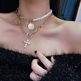 Design Imitation Pearls Choker Necklace Female Cross Pendant Necklaces Women Gold Color 2019 Fashion Summer Coin Jewelry303E