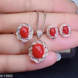 Fine Jewellery Natural Red Coral 925 Sterling Silver Women Pendant Earrings Ring Set Support Test Luxury Lovely Bracelet & Necklace289v