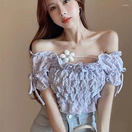 Women's Blouses Chic 3D Flower Off Shoulders Folds Ruffles Elastic Lace Up Chiffon Shirt Slash Neck Puff Sleeves Lotus Tops Blusas