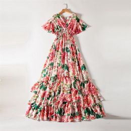 New European and American women's dresses for spring 2020 Lotus leaf sleeve V collar Peony printing elastic waist Fashion dre204q