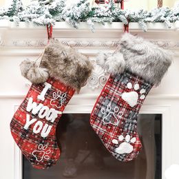 New Christmas decorations Christmas dog paw socks pet socks furry collar plaid English socks Christmas tree pendant