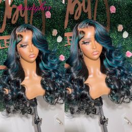 180density Peruvian Hair Blue With Black Highlight Coloured Body Wave Lace Front Wig PrePlucked Synthetic Lace Closure Wig For Women