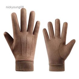 Fingerless Gloves Men's Outdoor Riding Fleece Thick Touch Screen Warm Gloves For Sports Winter Cold Suede Leather Full Finger Driving Mittens S194L231017