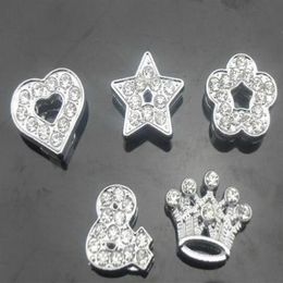 Whole 100pcs lot 10mm mix styles heart star crown & flower full rhinestones slide charms fit for 10MM DIY leather wristband253R