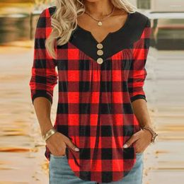 Women's Blouses Women Regular Fit T-shirt Buttons Decor Stylish Christmas Plaid Blouse V-neck Tunic Tops With Button Long