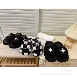 designer shoes Wu Xuanyi's new spring cross pattern black sheep plush slippers women's thick soled x smfk plush shoes