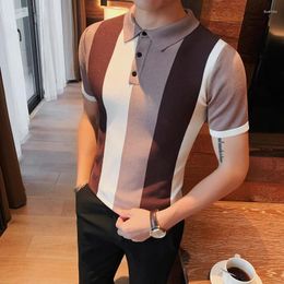 Men's Polos Summer Striped Knitted POLO Shirts Short Sleeved Casual Slim Lapel Shirt Business Social Tee Tops Men Clothes M-4XL