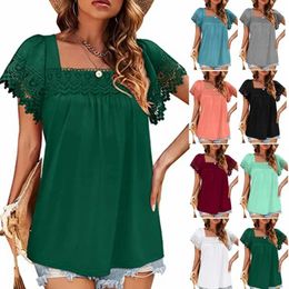 Women's T Shirts 2023 Summer Women Clothes Fashion For Square Neck Lace Patchwork Short Sleeve Casual Shirt Crop Top
