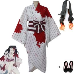 Cosplay Cosplay Anime Demon Slayer Kimetsu No Yaiba Kamado Nezuko Costume Wig Clogs White Blood Stain Kimono Hallowen Uniform Suit