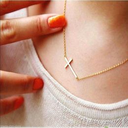 Pendant Necklaces 1pc Lady Horizontal Sideways Cross Gold Sliver Plated Necklace Elegant Sweet Fashion Jewellery Women213w