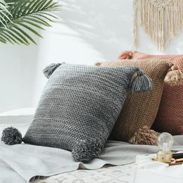 Pillow /Decorative 45x45cm Brick Red/grey/khaki Wool Knitted Cover Sofa Pillowcase Fringes Decorative Waist