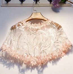 Scarves Women's Spring Summer Sequins Beaded Flower Pink Mesh Cloak Lace Pashmina Female Vintage Sunscreen Shawl R3057