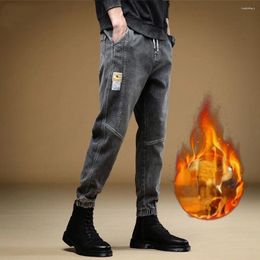 Men's Jeans Winter Fashion Streetwear Men Loose Fit Retro Blue Spliced Designer Harem Cargo Pants Hip Hop Velvet Warm