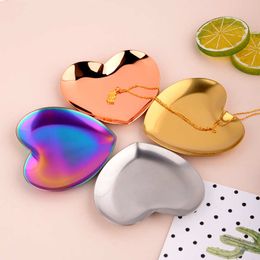 Love Heart Shape Rainbow Stainless Steel Plates Plating Trays Kitchen Dinnerware Food Snack Fruit Cake Chicken Jewelry Rings Earrings Necklace Metal Storage Dish