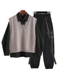 Women s Two Piece Pants 2023 Spring Autumn 3 Set Women Streetwear Knitted Vest Long Sleeve Shirt Harajuku BF Loose Cargo 231017