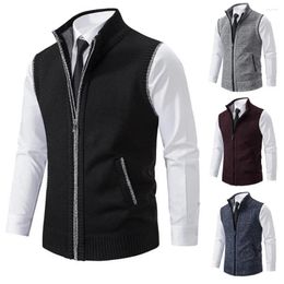 Men's Vests Men Sweater Vest Stylish Knitted Zipper Stand Collar Sleeveless Cardigan For Work Casual Wear Ribbed Hem